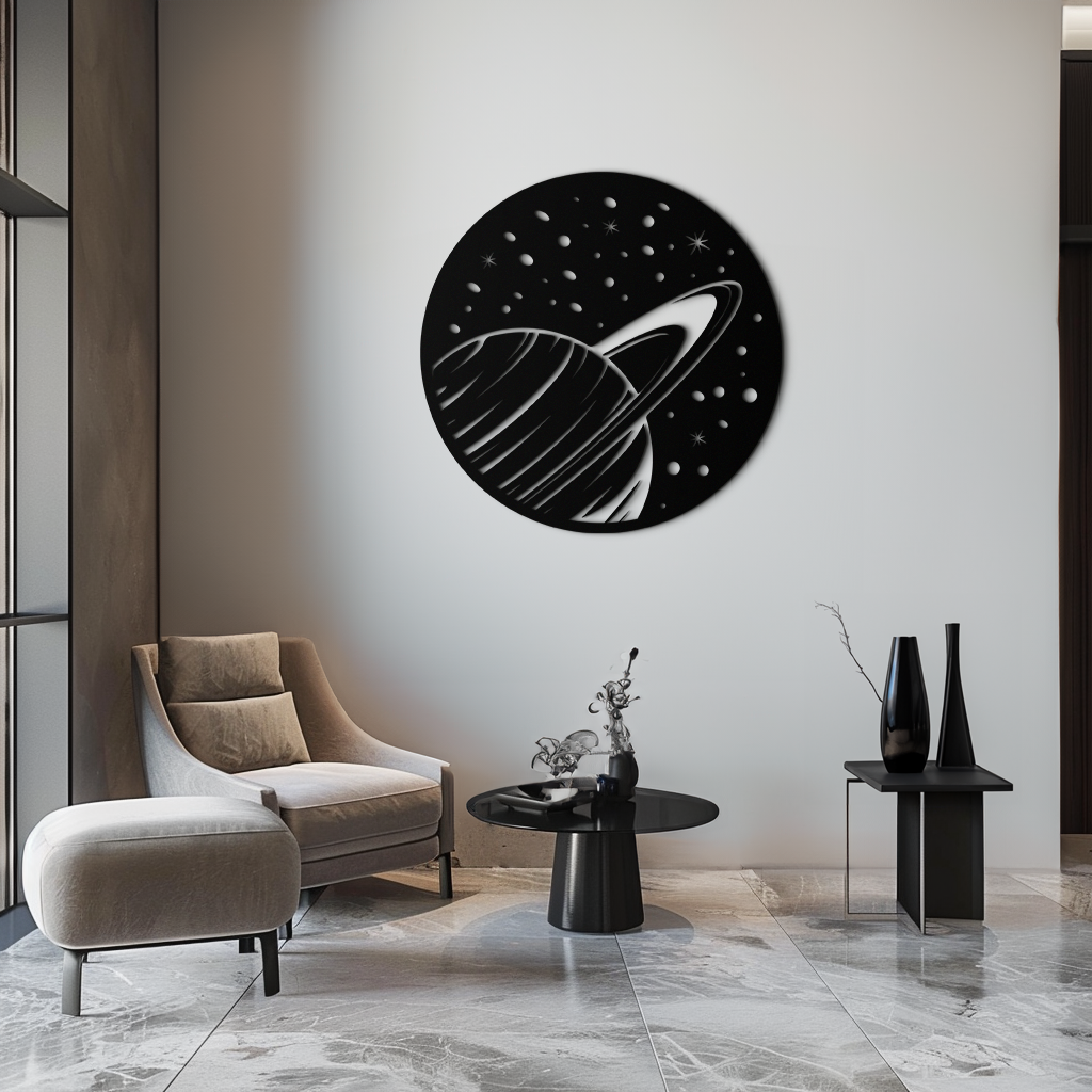 Steel Saturn Planet Wall Sculpture - Modern Cosmic Space Design
