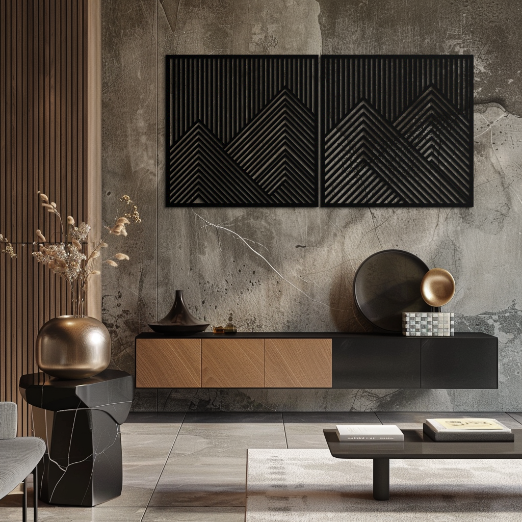 Metal Wall Art Geometric Mountain Landscape Two Piece Modern Minimalist Contemporary