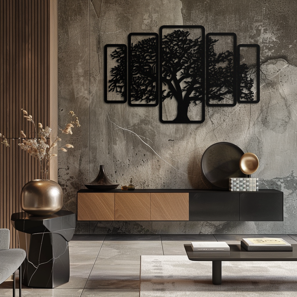 Metal Tree Wall Art Five-Panel Staggered - Dimensional Depth Design
