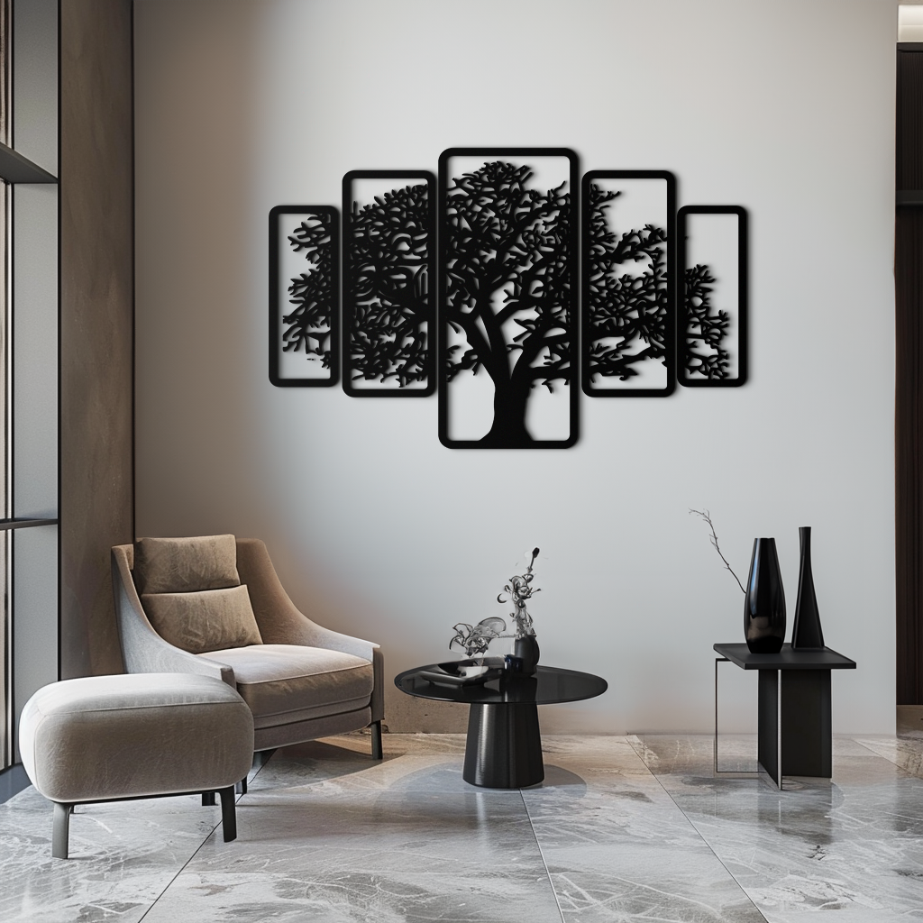 Metal Tree Wall Art Five-Panel Staggered - Dimensional Depth Design
