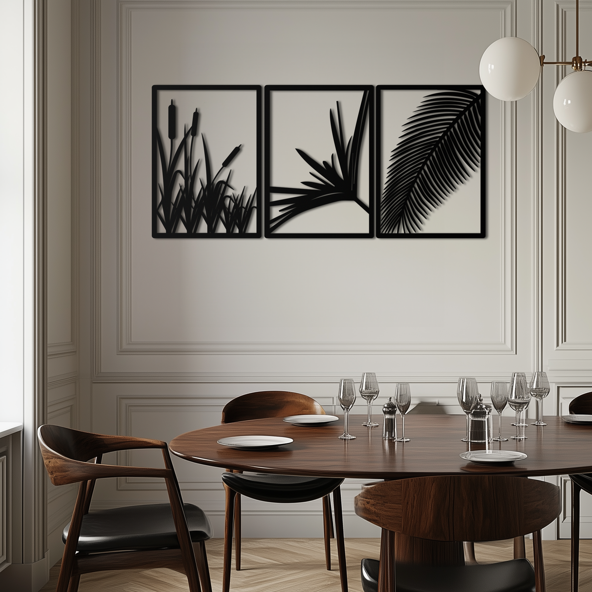 Metal Wall Art 3-Panel Tropical Botanical Design with Palm Leaves and Exotic Foliage
