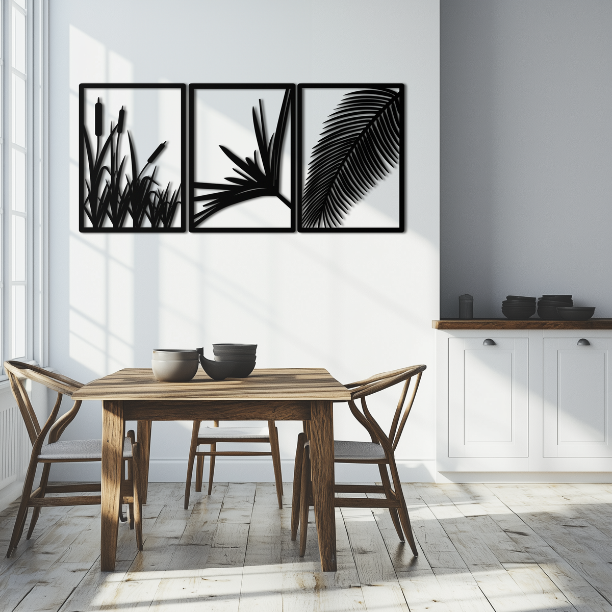 Metal Wall Art 3-Panel Tropical Botanical Design with Palm Leaves and Exotic Foliage