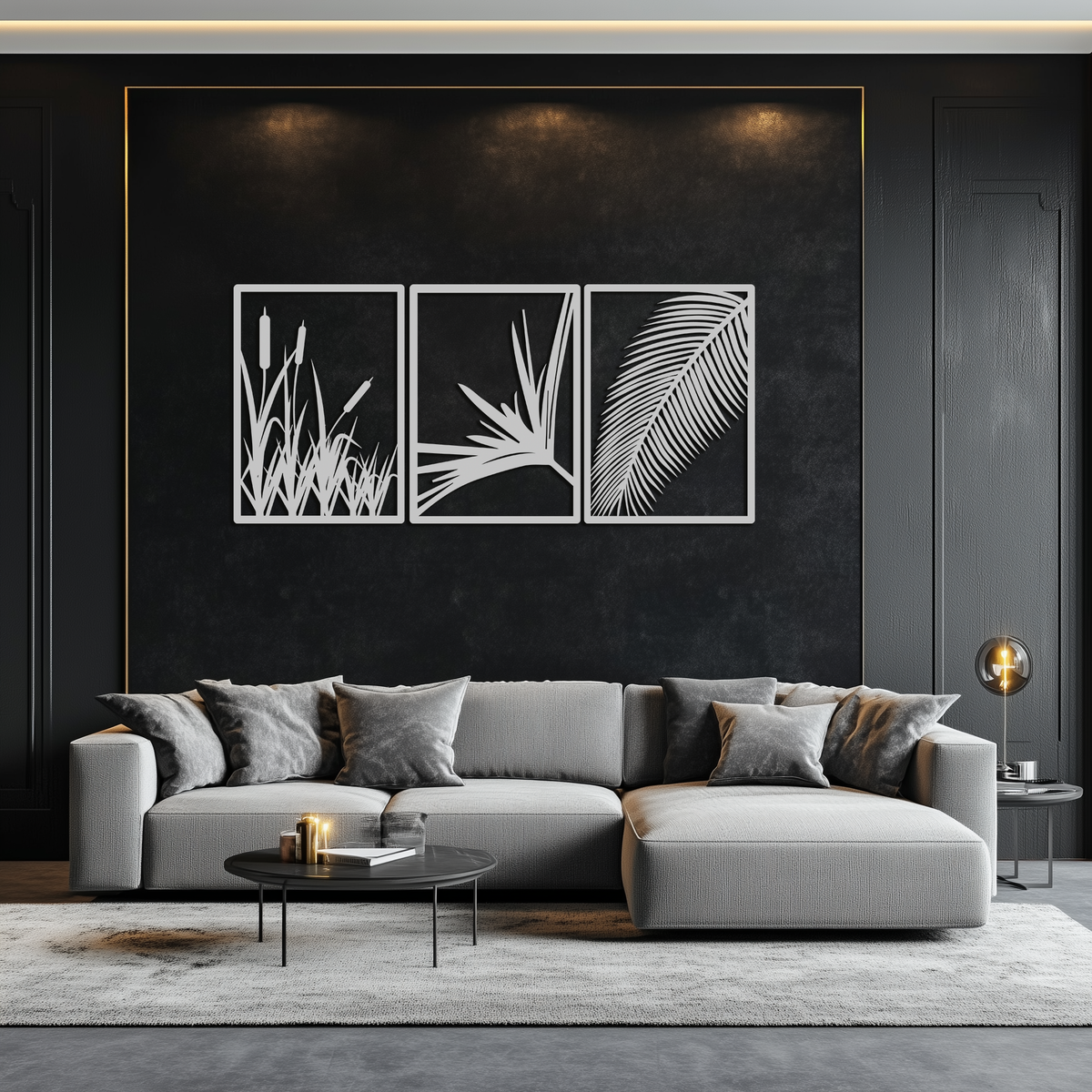 Metal Wall Art 3-Panel Tropical Botanical Design with Palm Leaves and Exotic Foliage