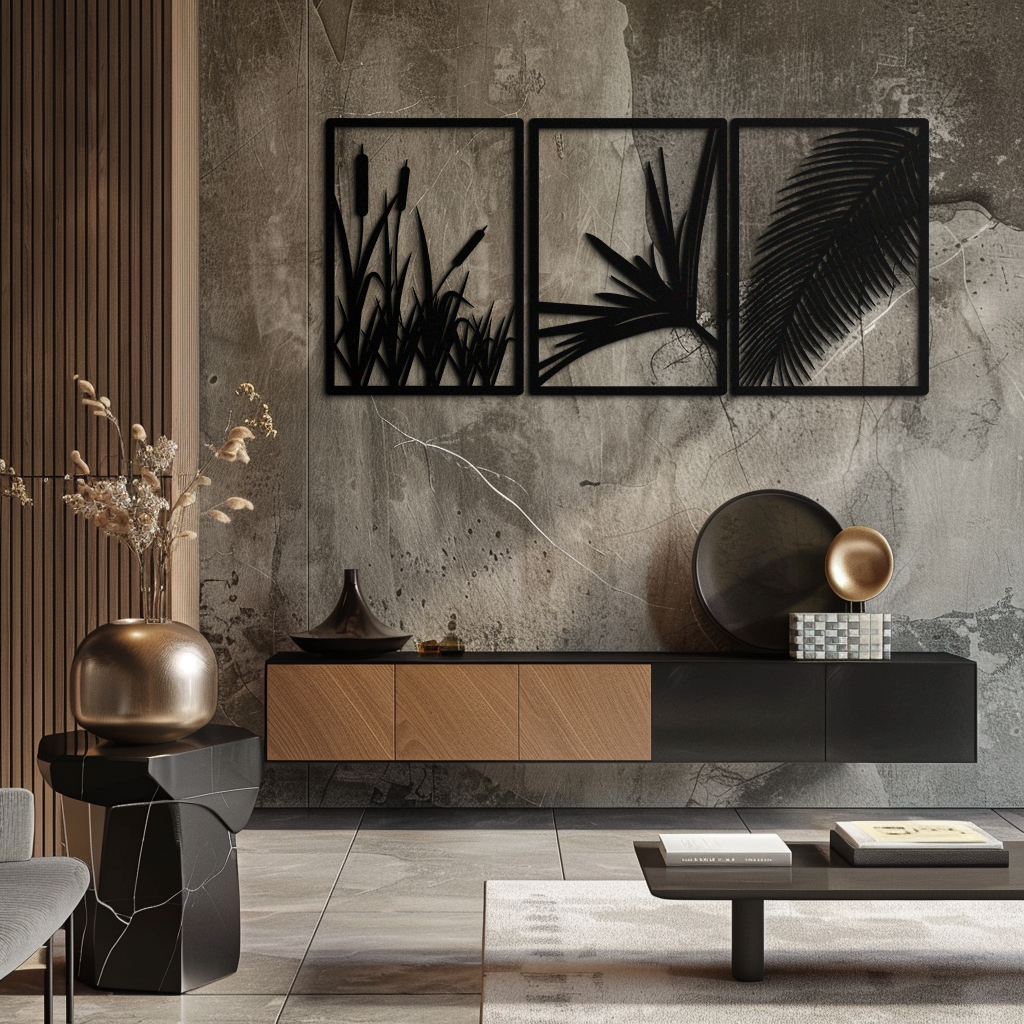 Metal Wall Art 3-Panel Tropical Botanical Design with Palm Leaves and Exotic Foliage