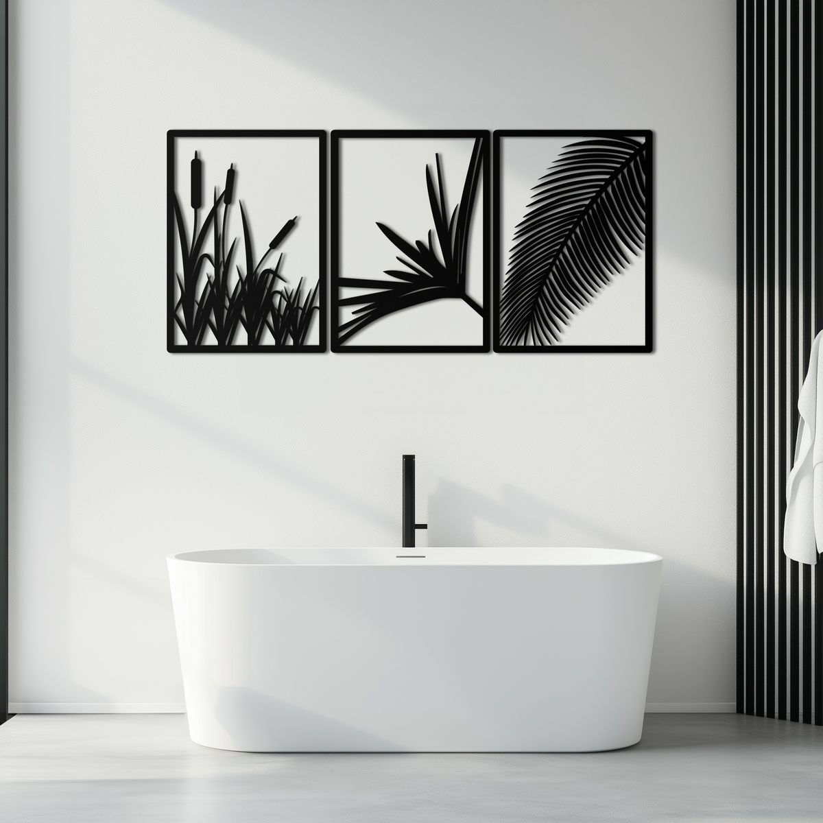 Metal Wall Art 3-Panel Tropical Botanical Design with Palm Leaves and Exotic Foliage