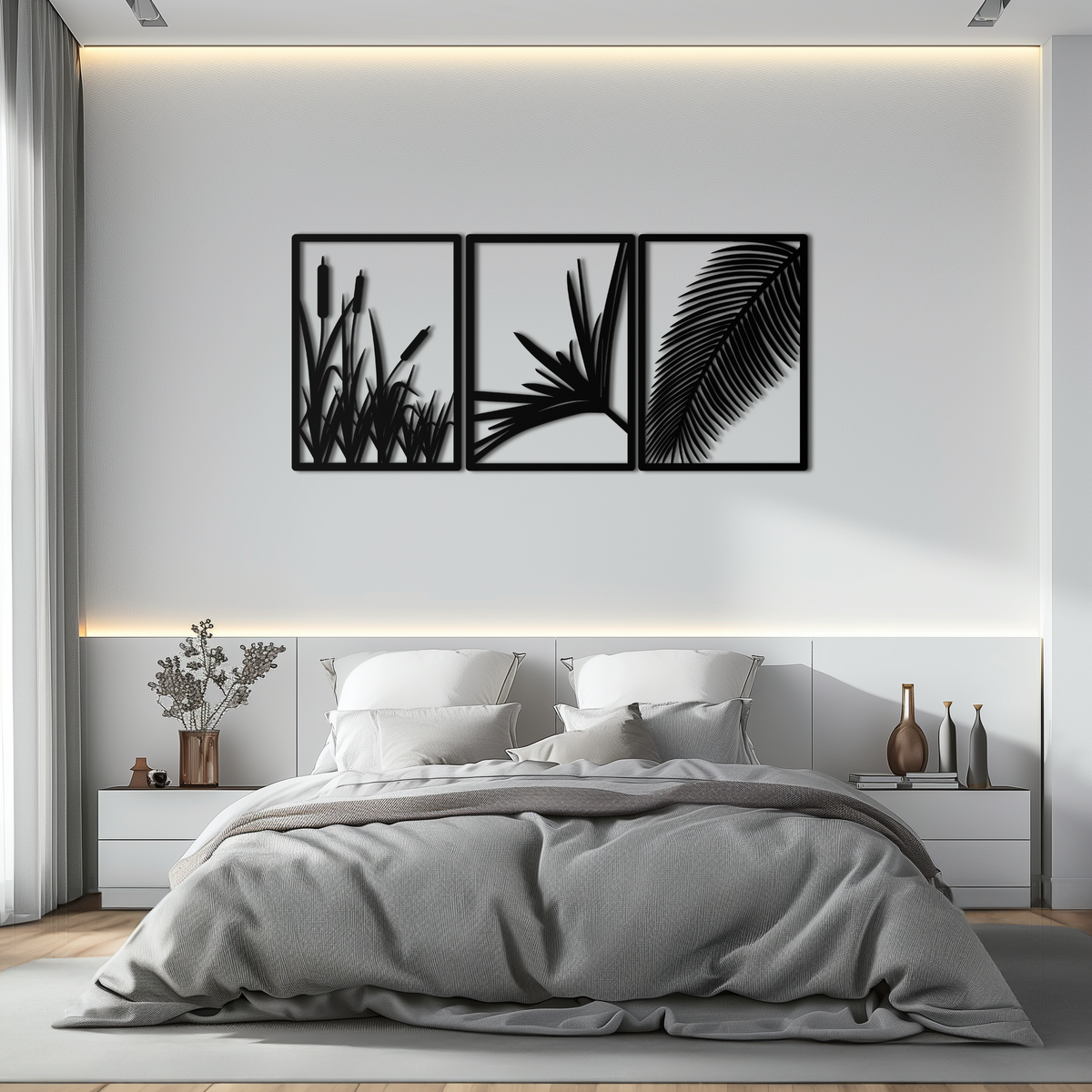 Metal Wall Art 3-Panel Tropical Botanical Design with Palm Leaves and Exotic Foliage