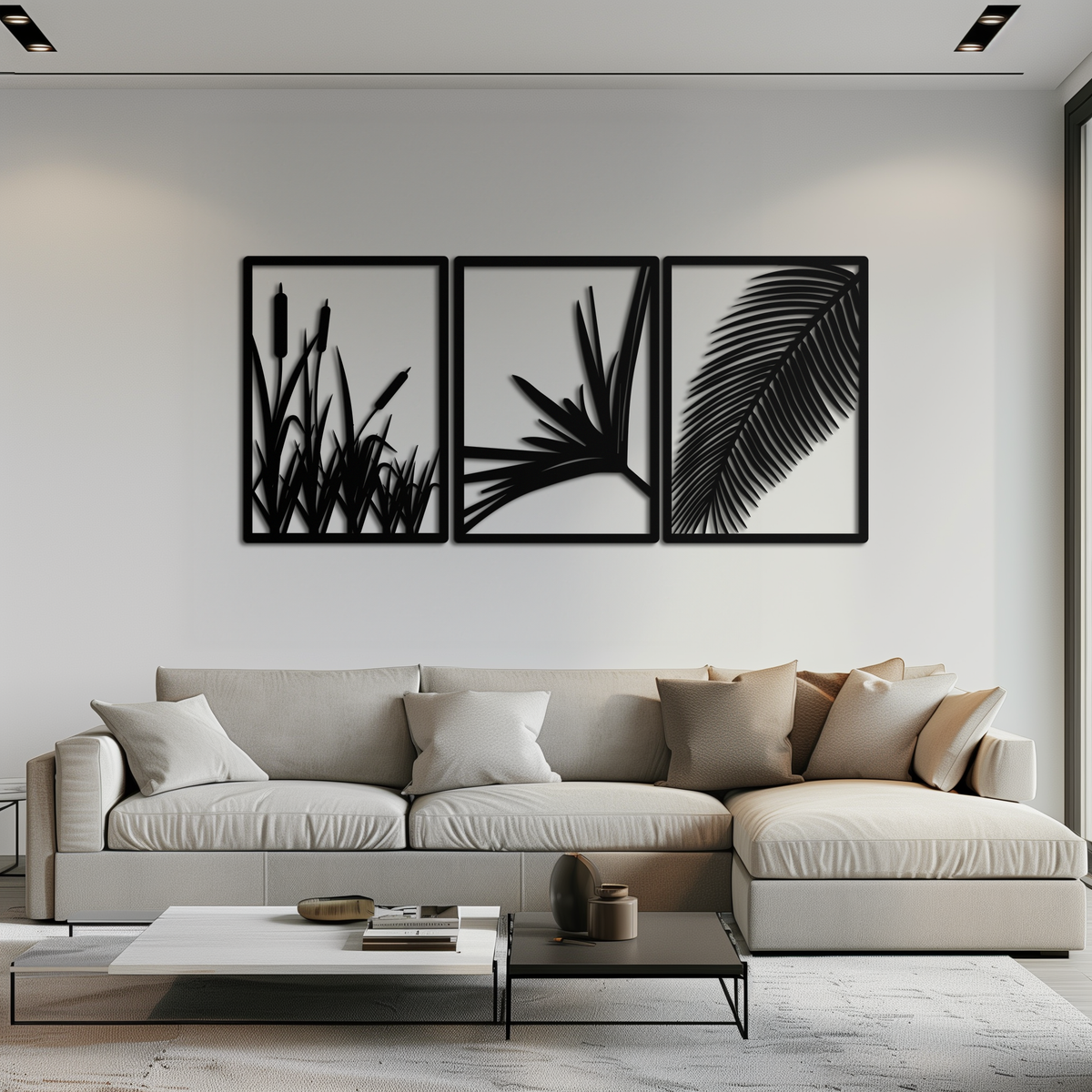 Metal Wall Art 3-Panel Tropical Botanical Design with Palm Leaves and Exotic Foliage