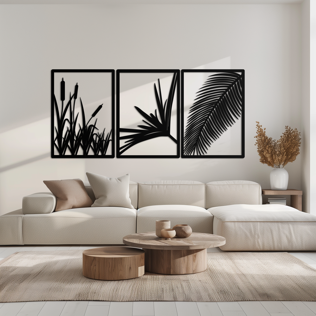 Metal Wall Art 3-Panel Tropical Botanical Design with Palm Leaves and Exotic Foliage