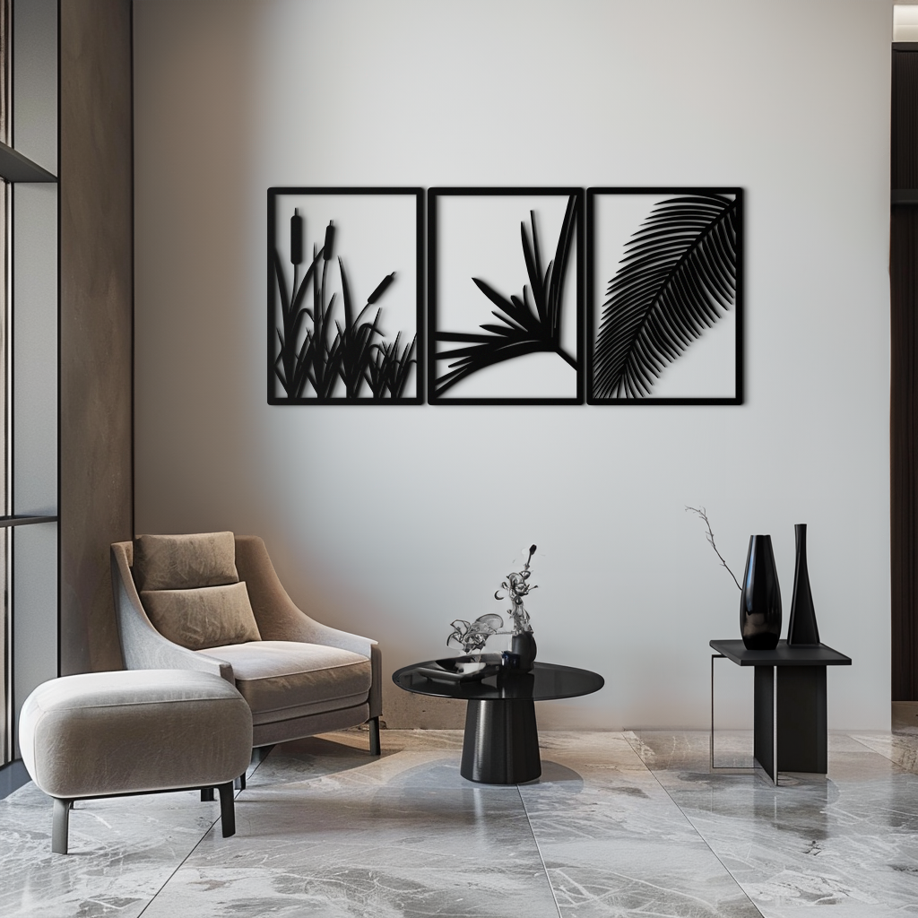 Metal Wall Art 3-Panel Tropical Botanical Design with Palm Leaves and Exotic Foliage