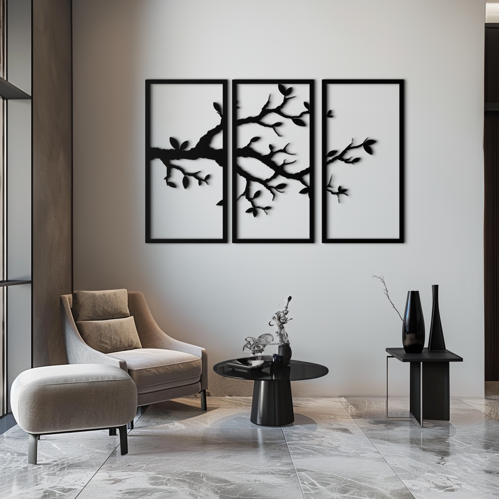 Metal Branch Wall Art 3-Panel Minimalist Tree Silhouette Sculptural Modern Decor