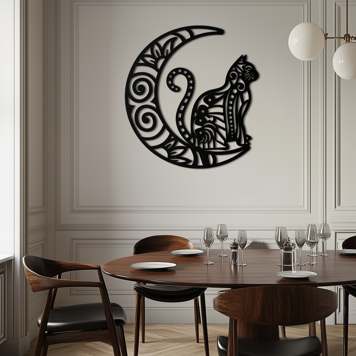 Metal Crescent Moon Cat Silhouette Wall Art - Mystical Bohemian Handcrafted Decor