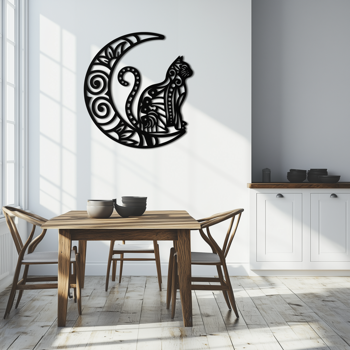 Metal Crescent Moon Cat Silhouette Wall Art - Mystical Bohemian Handcrafted Decor