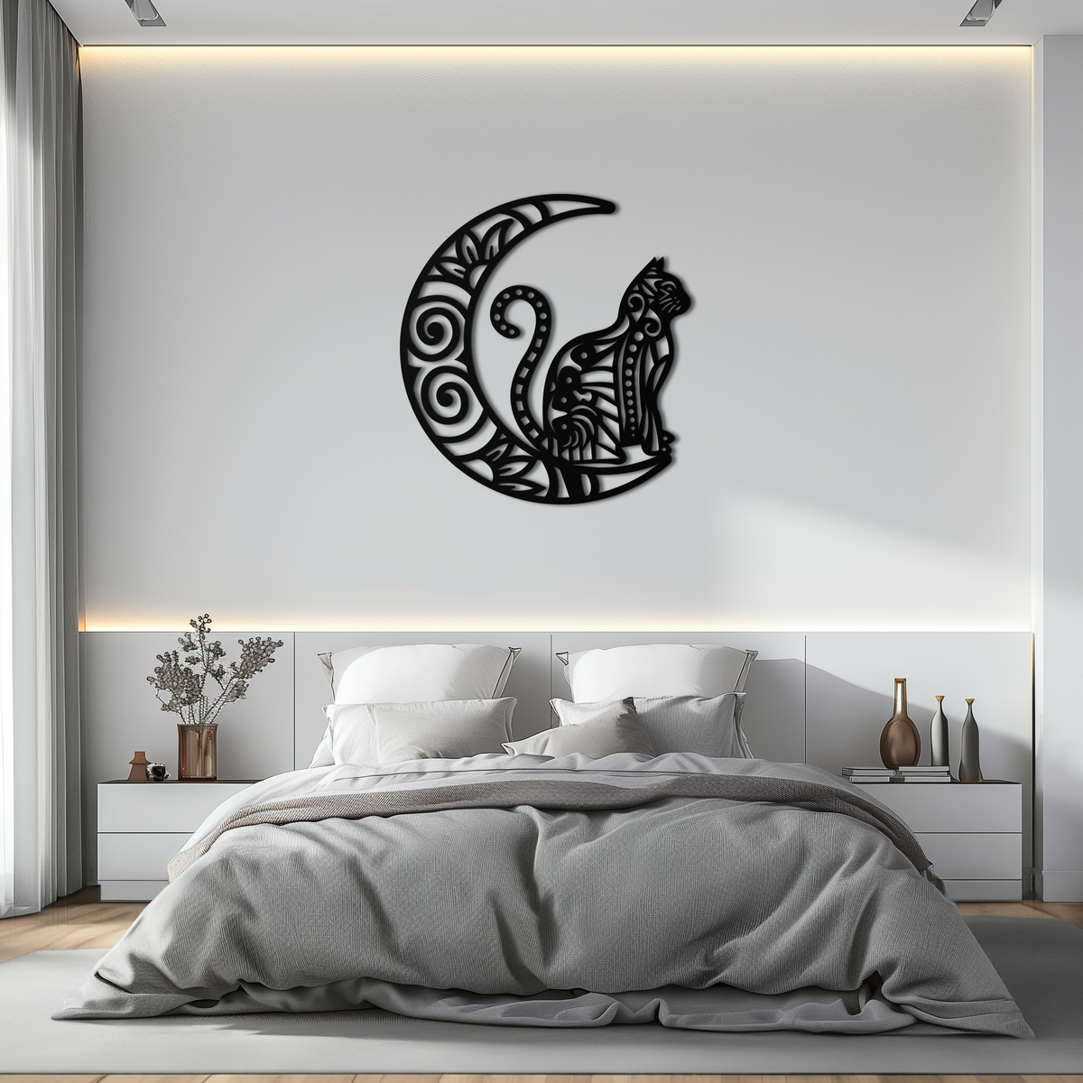 Metal Crescent Moon Cat Silhouette Wall Art - Mystical Bohemian Handcrafted Decor