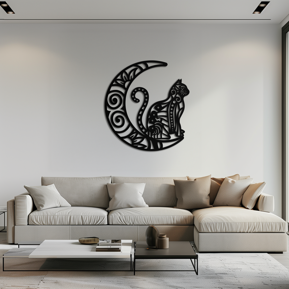 Metal Crescent Moon Cat Silhouette Wall Art - Mystical Bohemian Handcrafted Decor