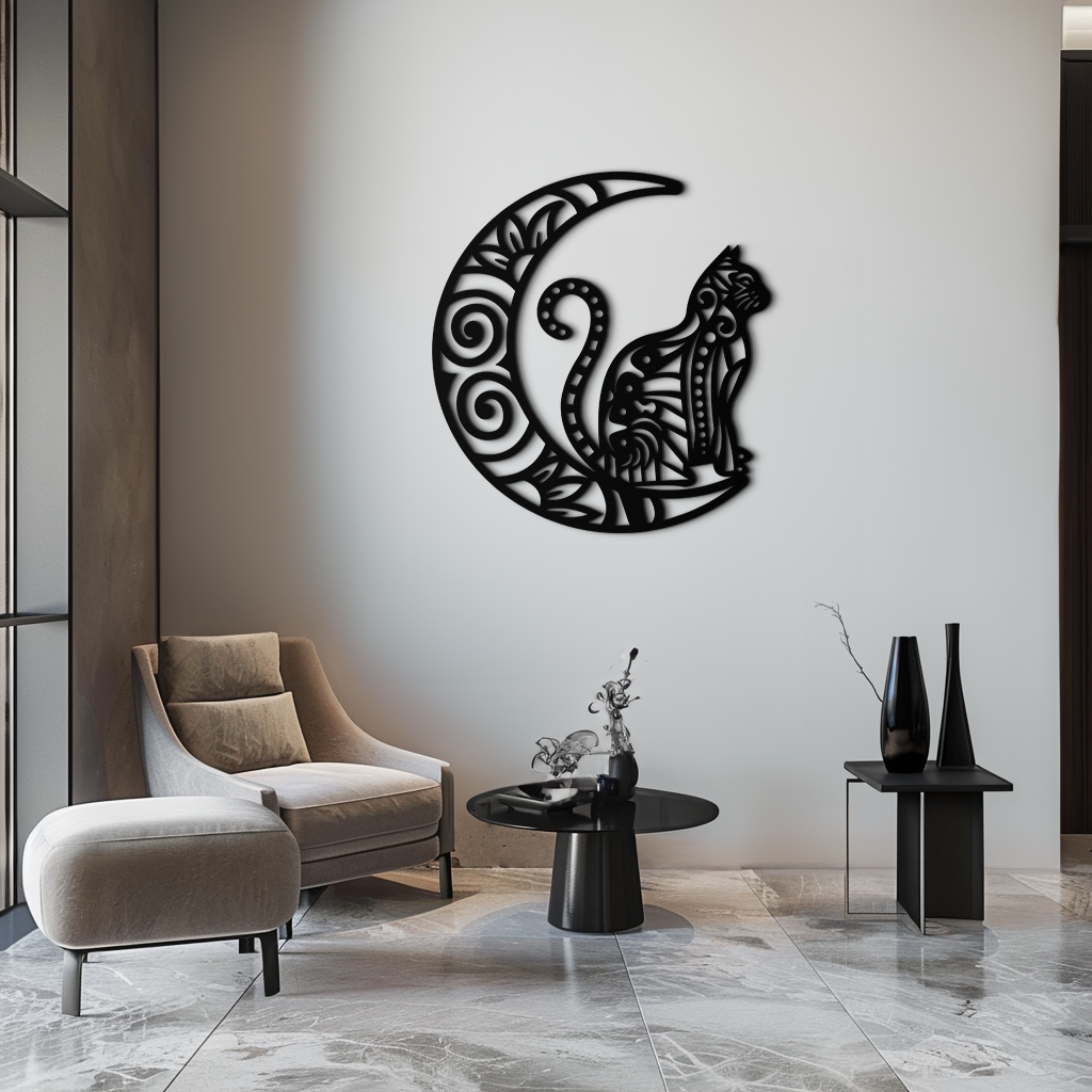Metal Crescent Moon Cat Silhouette Wall Art - Mystical Bohemian Handcrafted Decor