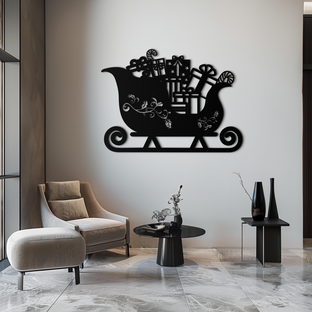Christmas Sleigh Metal Wall Art - Beautifully Detailed Festive Holiday Decor Design