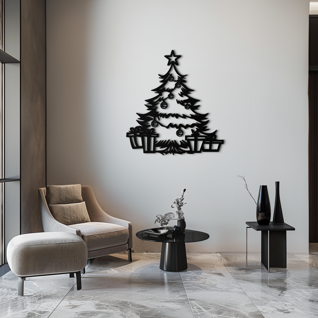 Christmas Tree Metal Wall Art - Festive Holiday Ornaments Design
