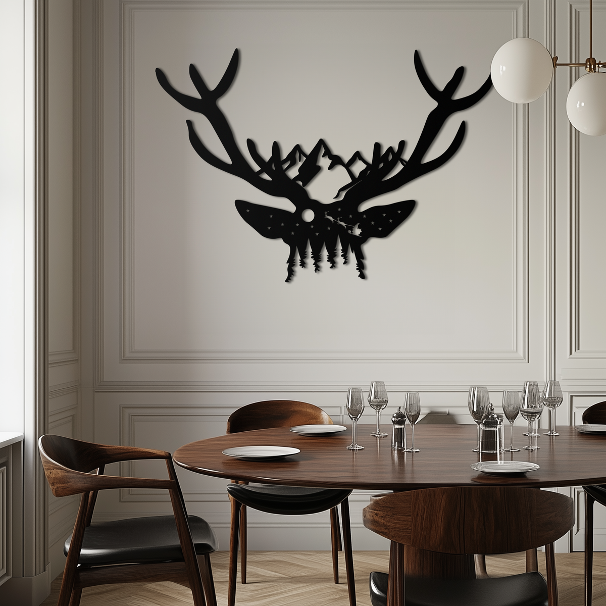 Metal Wall Art Handcrafted Deer Skull Mountain Forest Nature Inspired Antler Silhouette