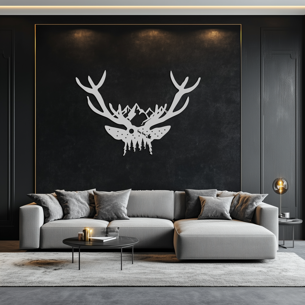 Metal Wall Art Handcrafted Deer Skull Mountain Forest Nature Inspired Antler Silhouette