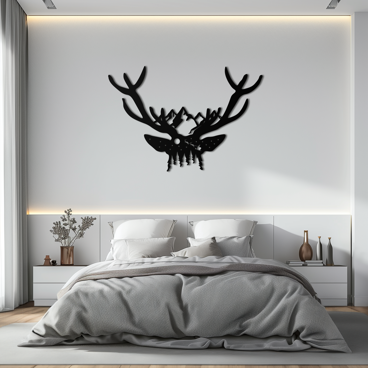 Metal Wall Art Handcrafted Deer Skull Mountain Forest Nature Inspired Antler Silhouette