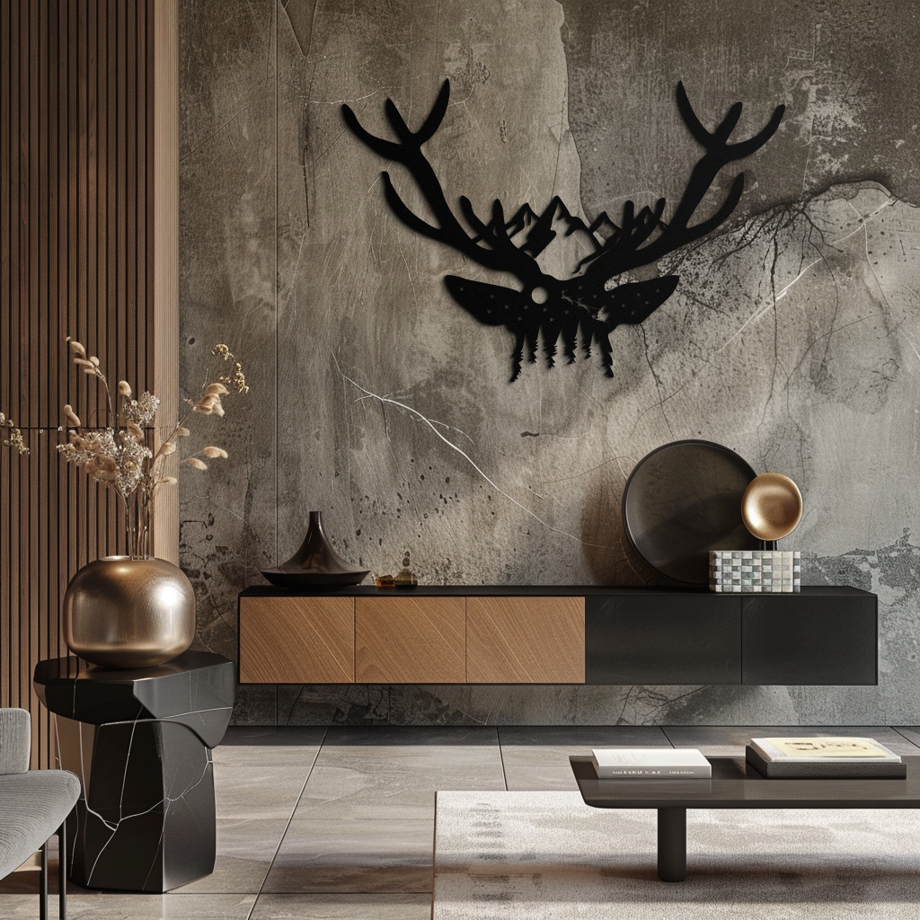 Metal Wall Art Handcrafted Deer Skull Mountain Forest Nature Inspired Antler Silhouette