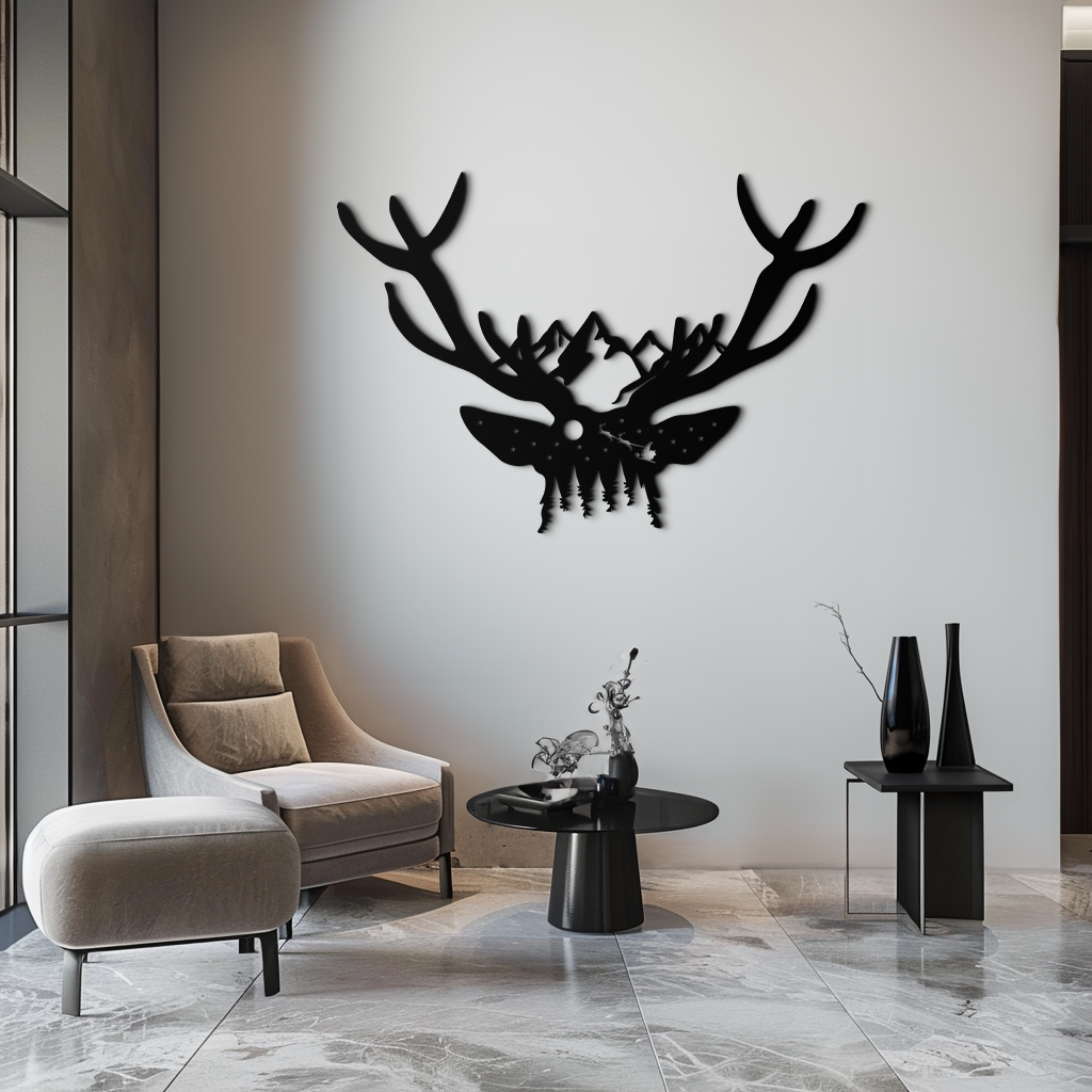Metal Wall Art Handcrafted Deer Skull Mountain Forest Nature Inspired Antler Silhouette