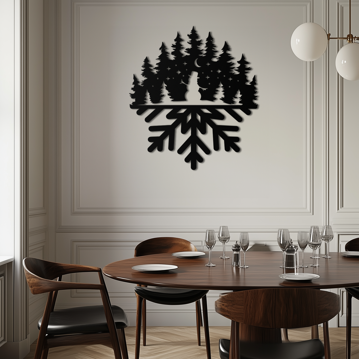 Snowflake Winter Forest Metal Wall Art - Tree Silhouette Design