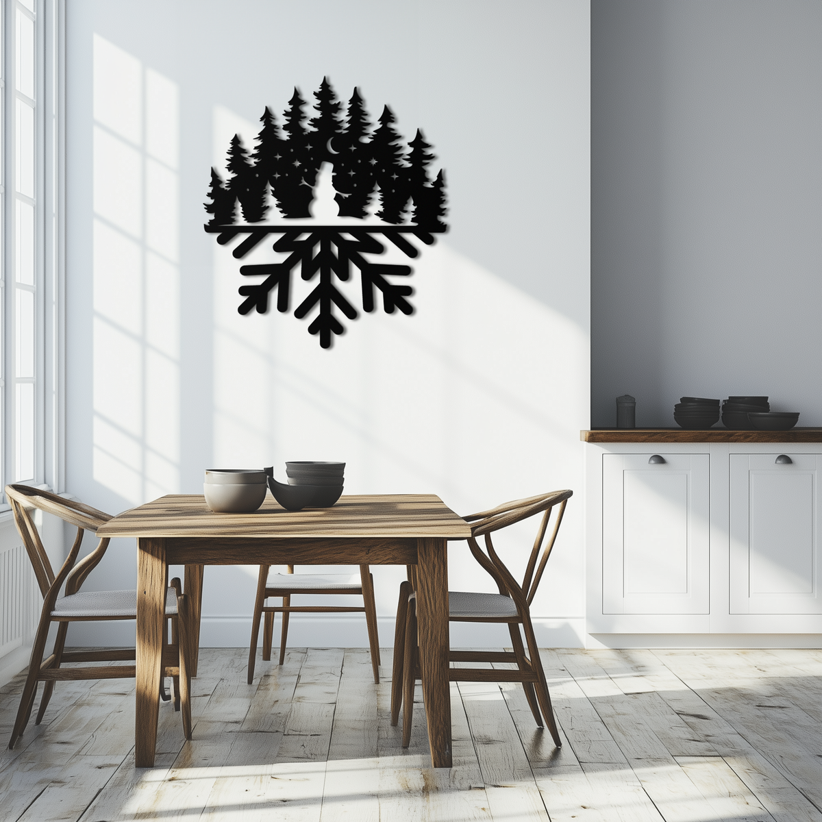 Snowflake Winter Forest Metal Wall Art - Tree Silhouette Design