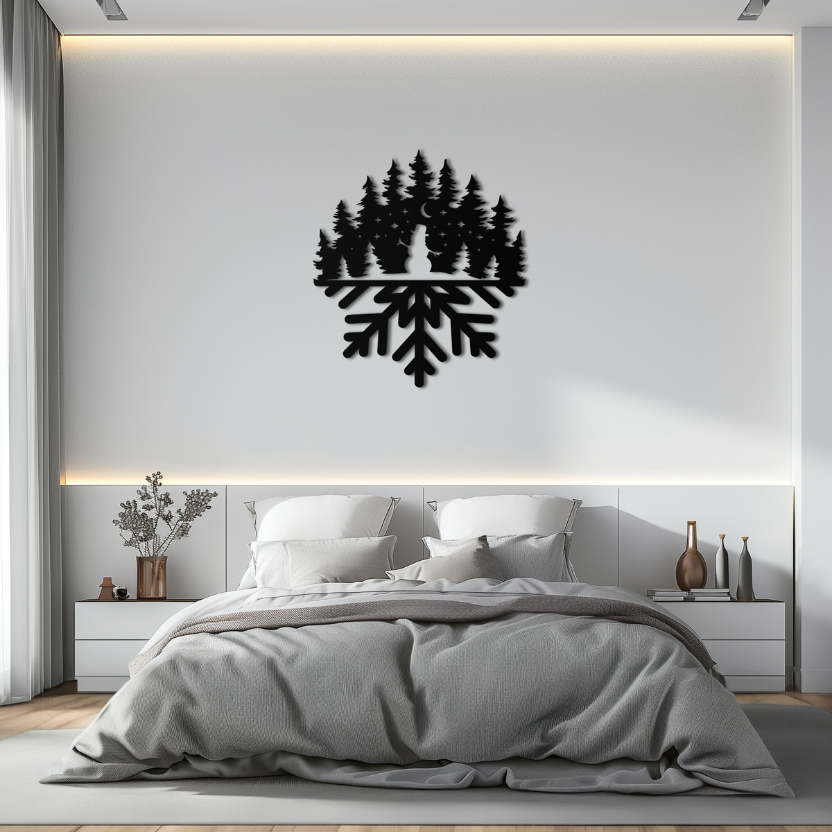 Snowflake Winter Forest Metal Wall Art - Tree Silhouette Design