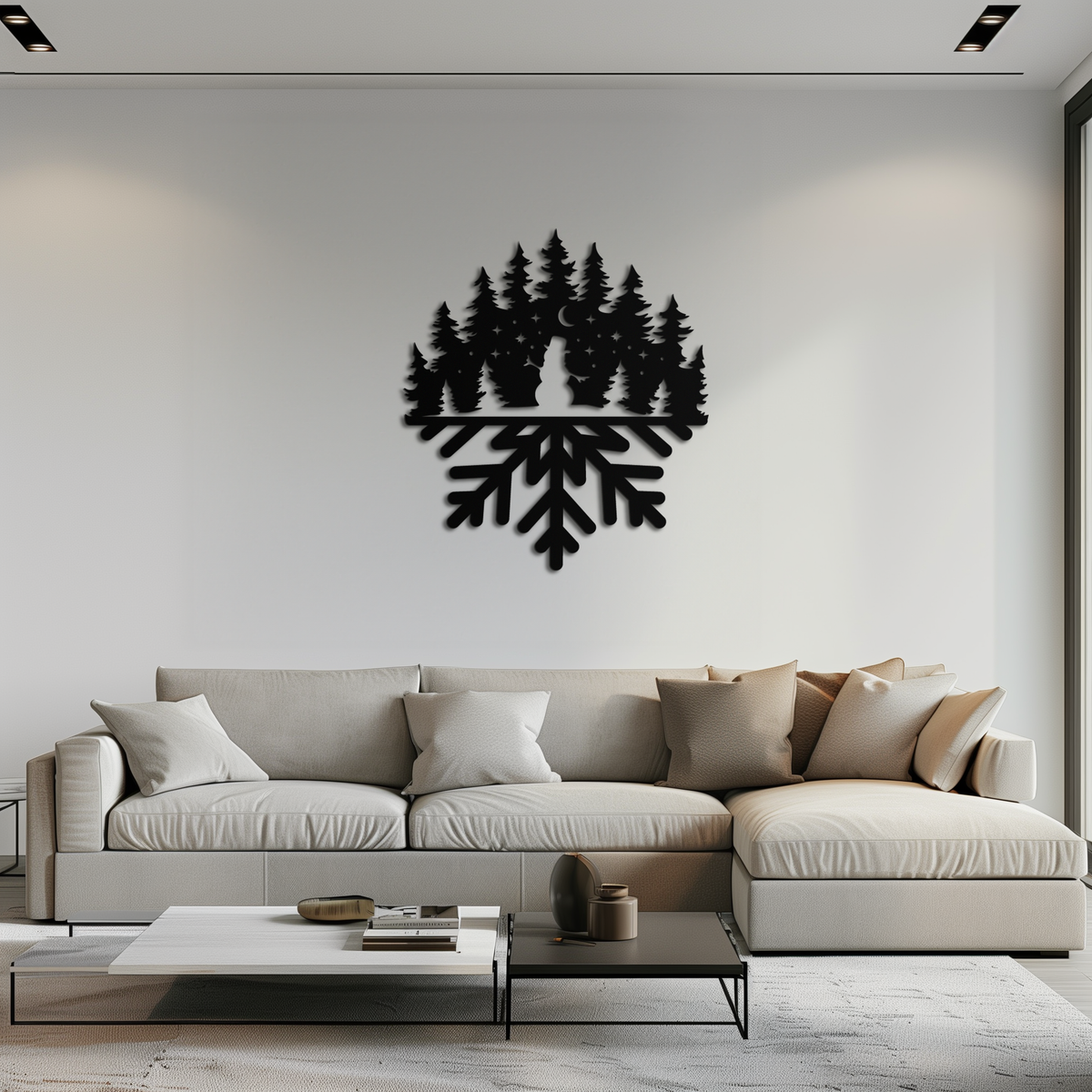 Snowflake Winter Forest Metal Wall Art - Tree Silhouette Design