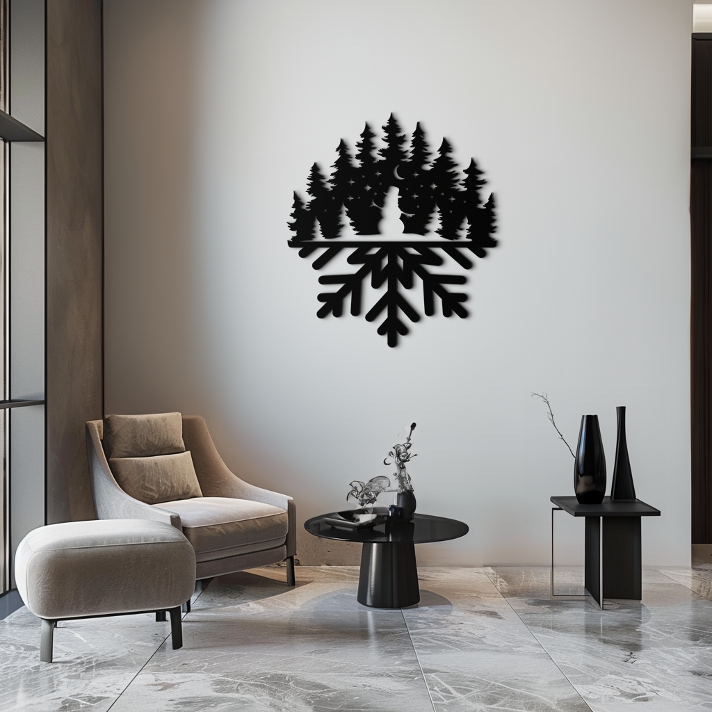 Snowflake Winter Forest Metal Wall Art - Tree Silhouette Design