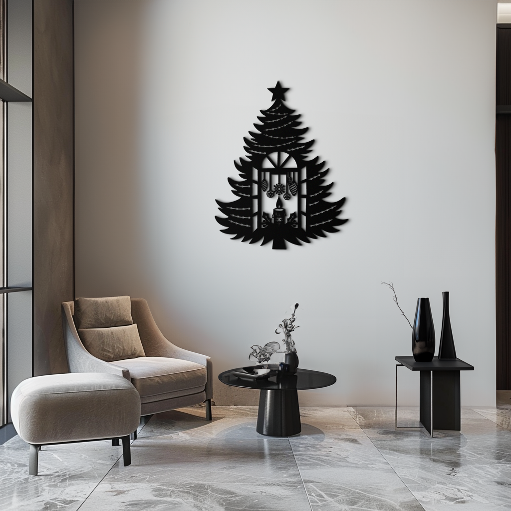 Metal Wall Art Christmas Tree Candle Window Silhouette Festive