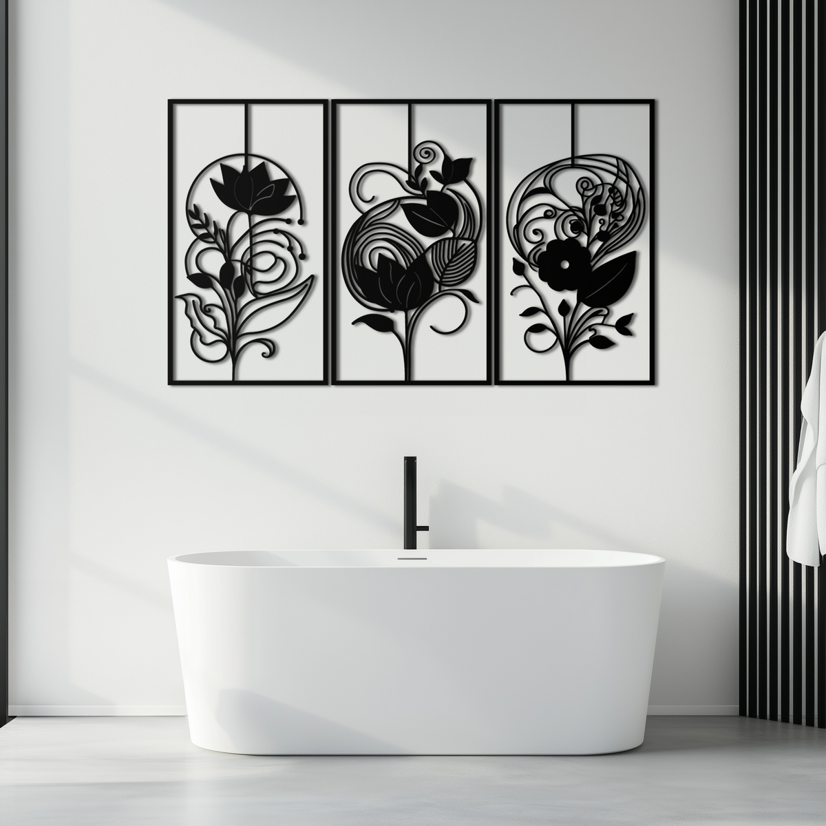 Black Metal Floral Panel Trio - Elegant Botanical Wall Art Set