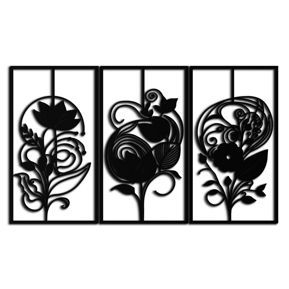 Black Metal Floral Panel Trio - Elegant Botanical Wall Art Set