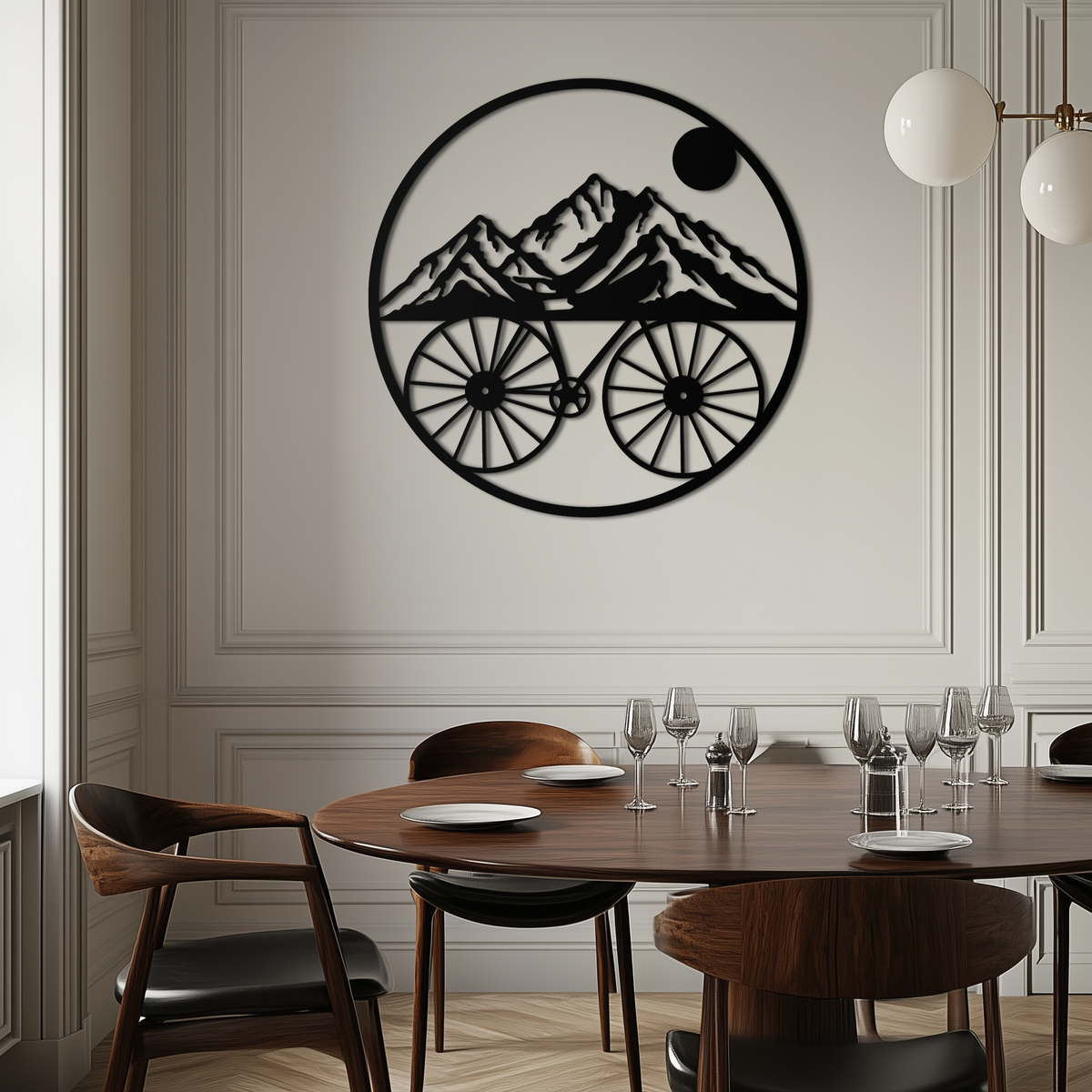 Metal Circular Mountain Bike Silhouette Wall Art - Scenic Nature Mountain Peaks