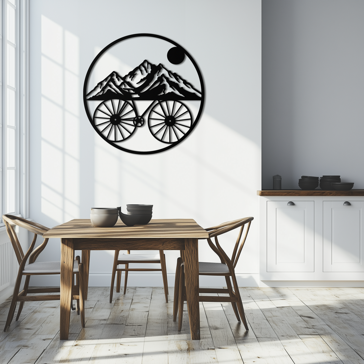 Metal Circular Mountain Bike Silhouette Wall Art - Scenic Nature Mountain Peaks