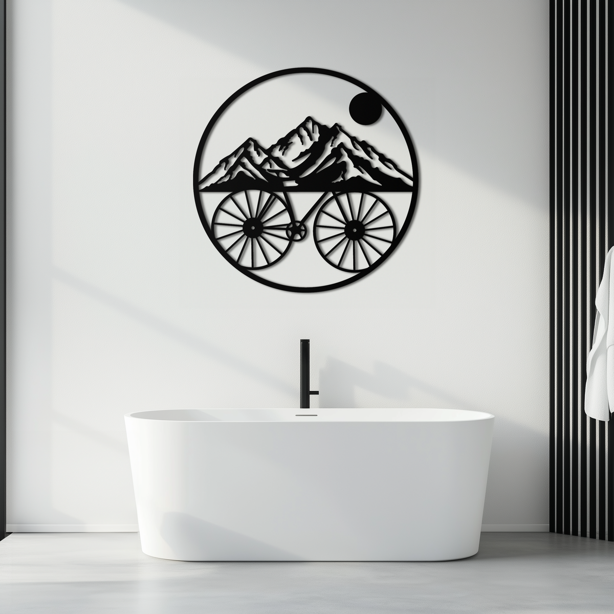 Metal Circular Mountain Bike Silhouette Wall Art - Scenic Nature Mountain Peaks