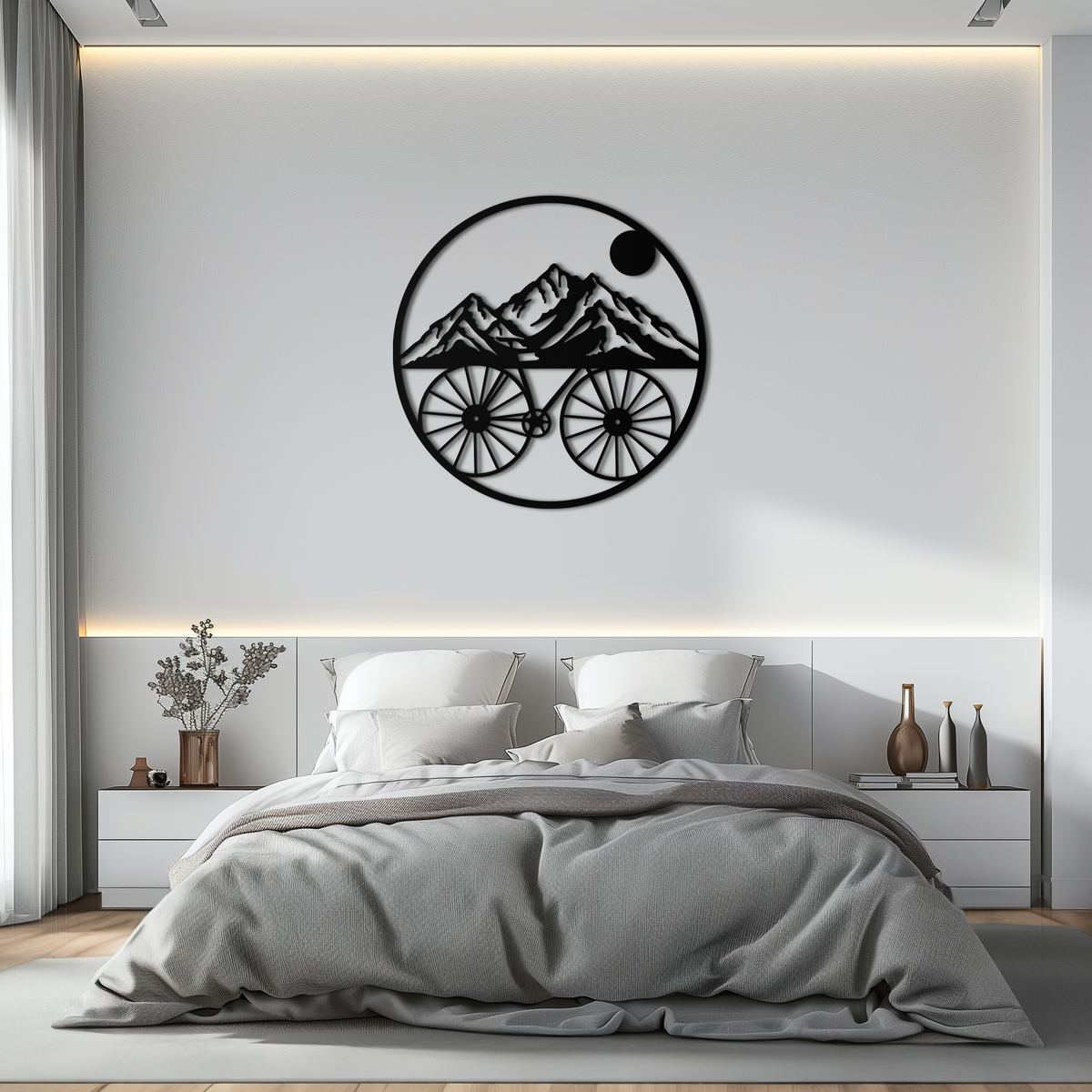 Metal Circular Mountain Bike Silhouette Wall Art - Scenic Nature Mountain Peaks