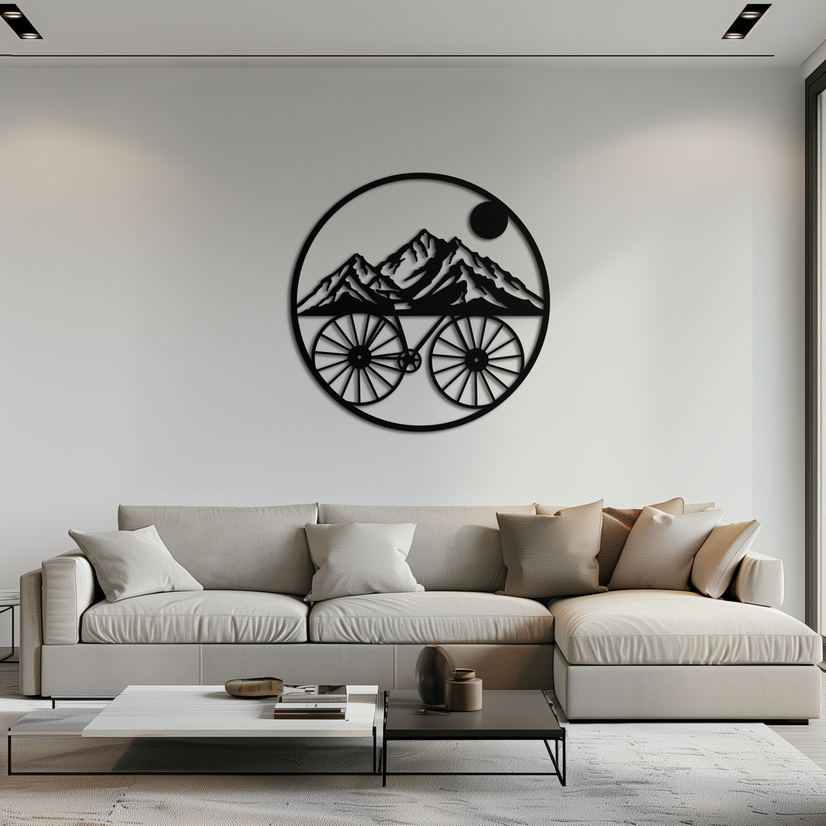 Metal Circular Mountain Bike Silhouette Wall Art - Scenic Nature Mountain Peaks