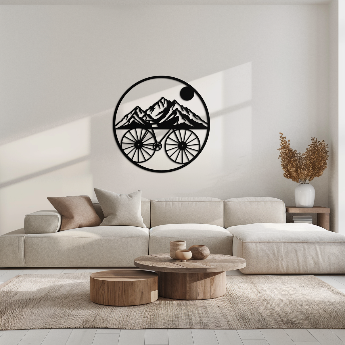 Metal Circular Mountain Bike Silhouette Wall Art - Scenic Nature Mountain Peaks