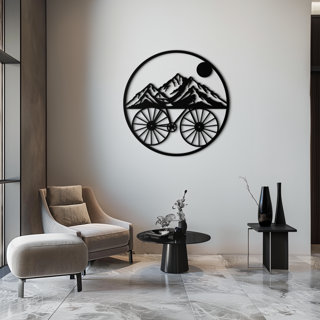 Metal Circular Mountain Bike Silhouette Wall Art - Scenic Nature Mountain Peaks