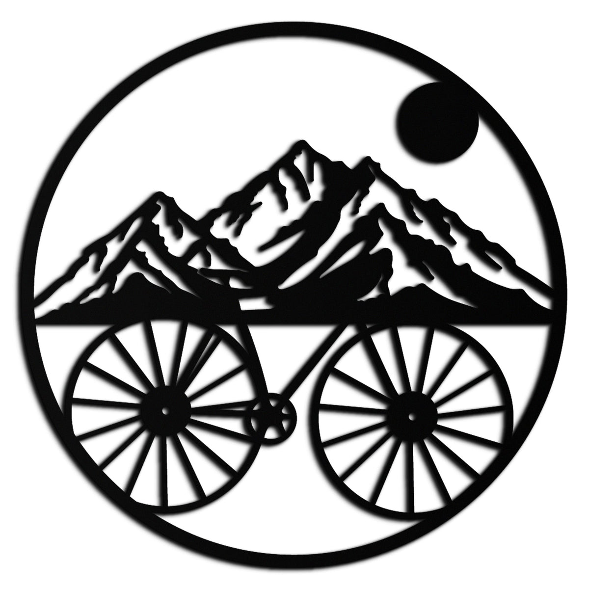 Metal Circular Mountain Bike Silhouette Wall Art - Scenic Nature Mountain Peaks