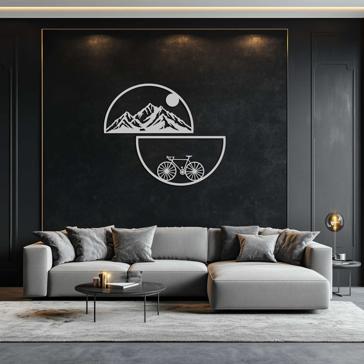 Metal Wall Art - Half Circle Bicycle Mountain Landscape Silhouette