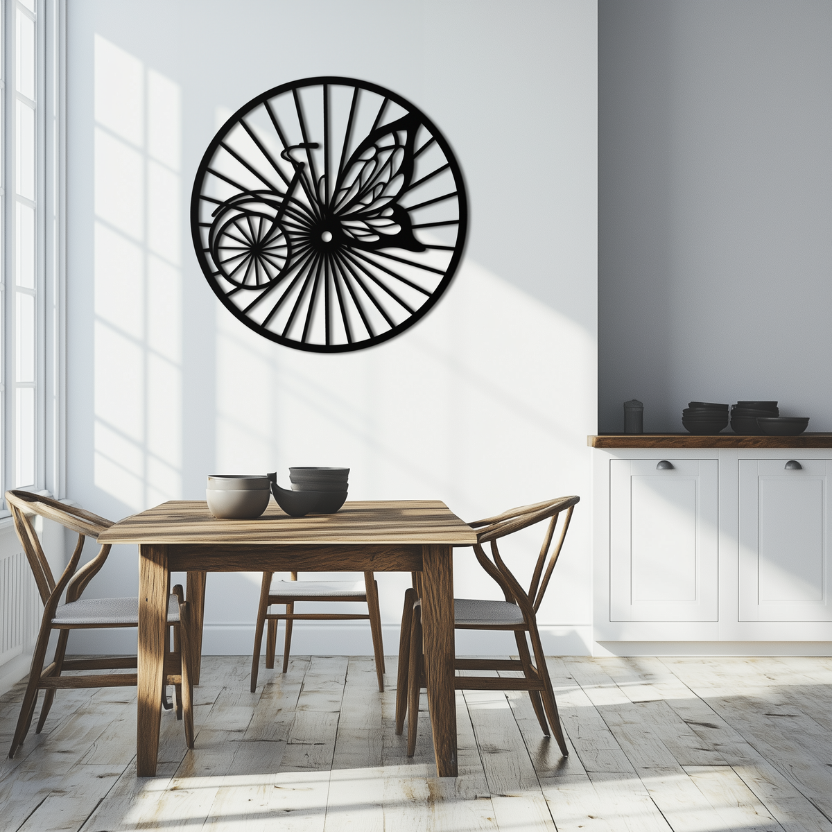 Metal Bicycle Wheel Butterfly Silhouette Wall Art - Round Nature Inspired