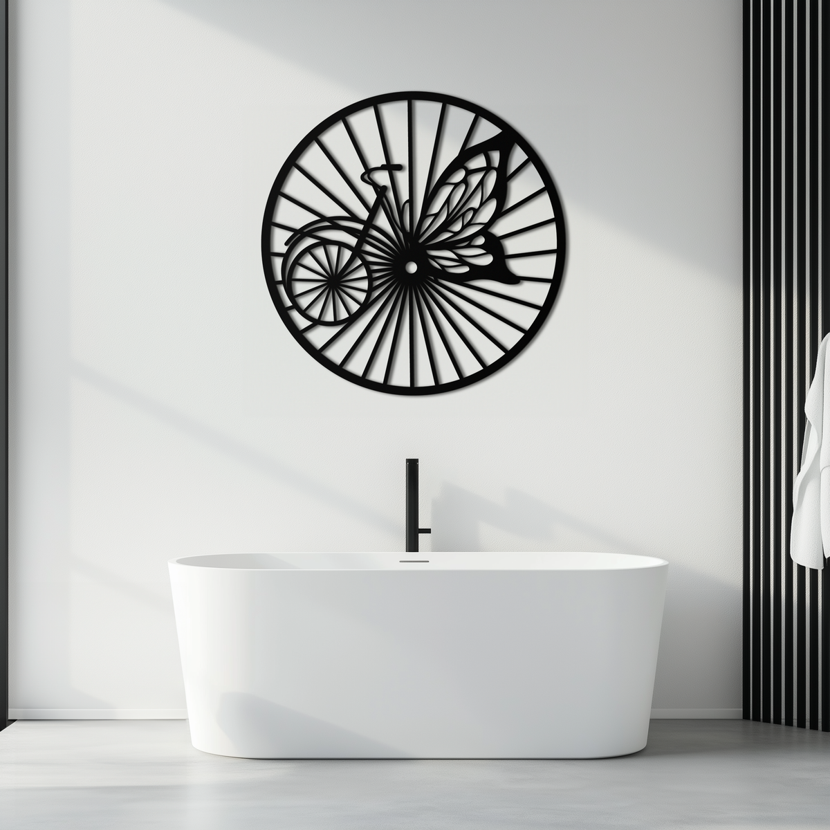 Metal Bicycle Wheel Butterfly Silhouette Wall Art - Round Nature Inspired