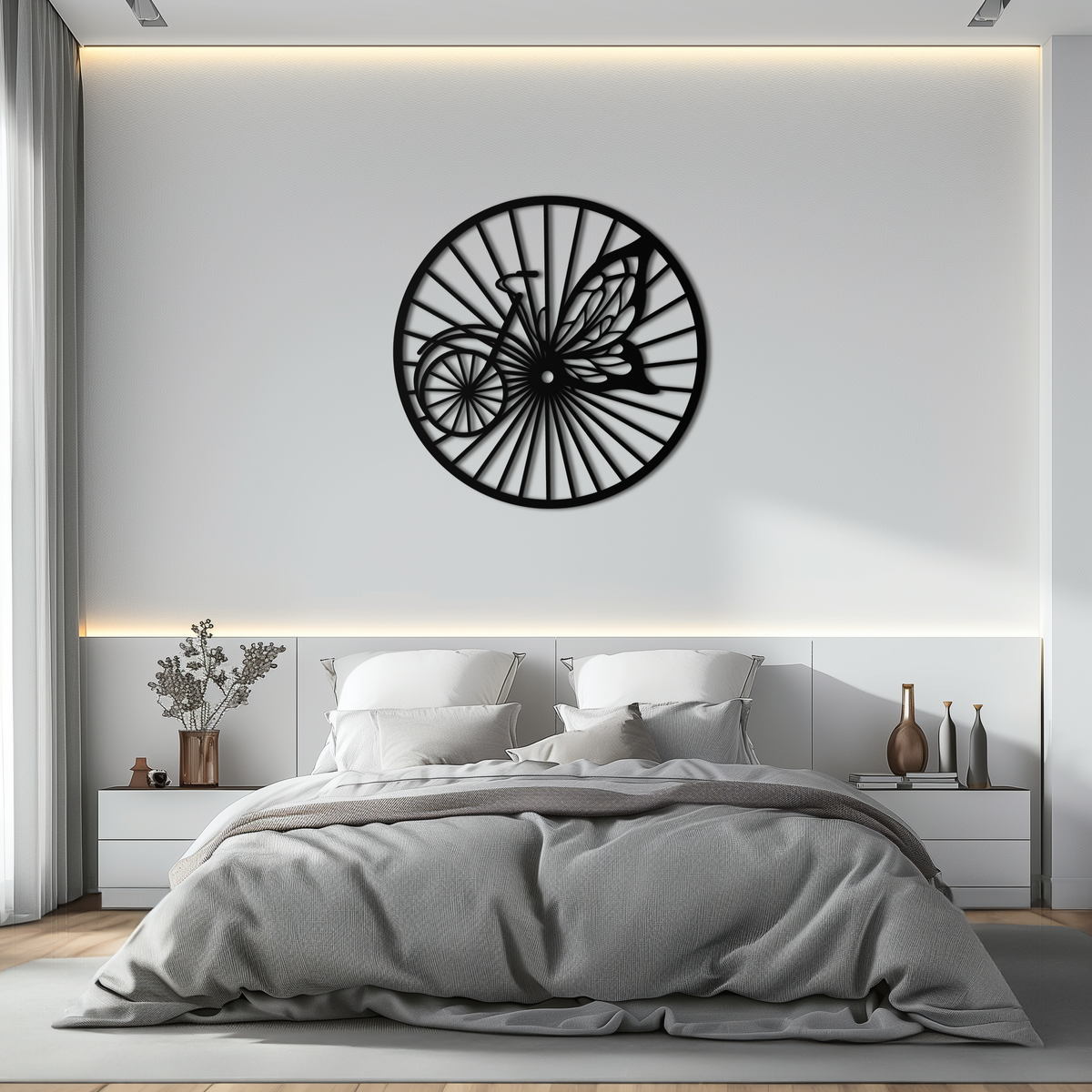Metal Bicycle Wheel Butterfly Silhouette Wall Art - Round Nature Inspired