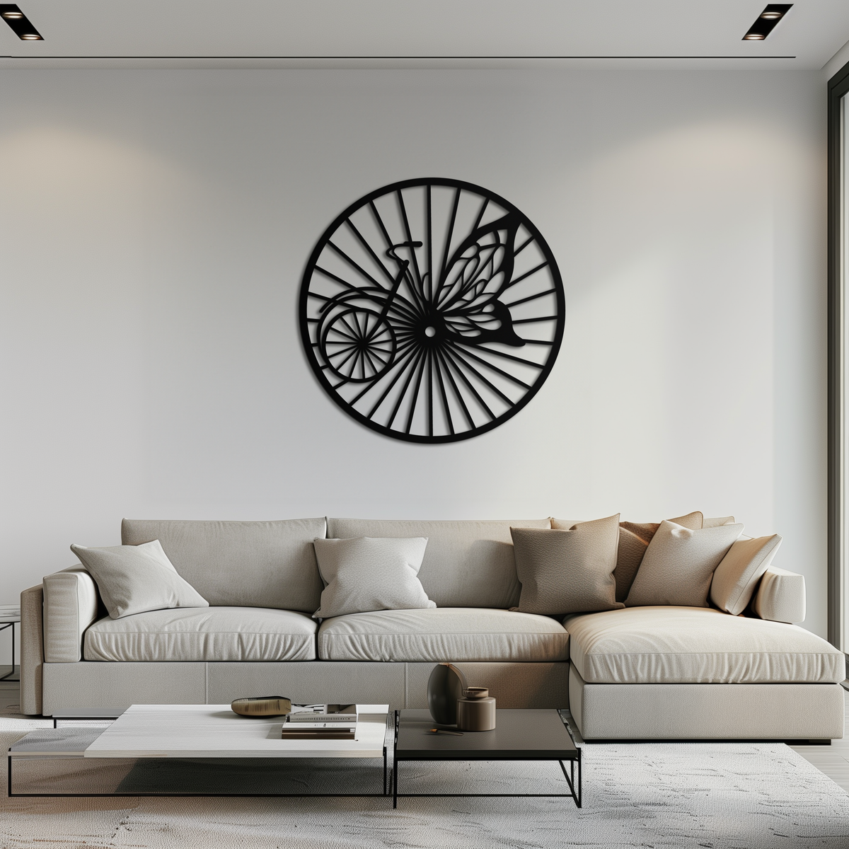 Metal Bicycle Wheel Butterfly Silhouette Wall Art - Round Nature Inspired