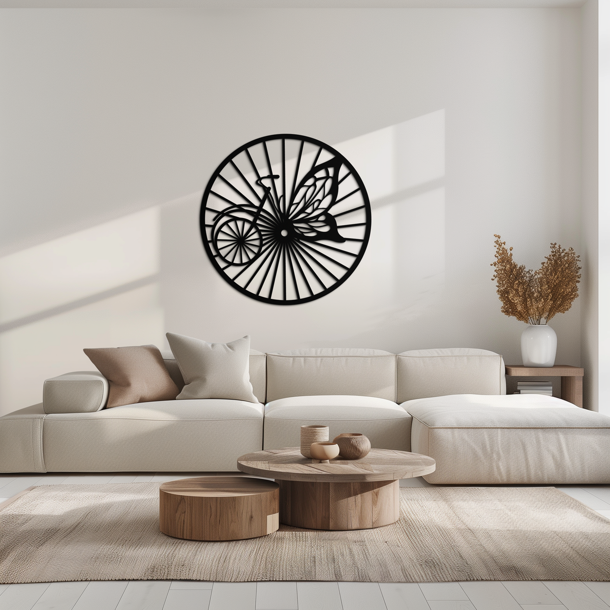 Metal Bicycle Wheel Butterfly Silhouette Wall Art - Round Nature Inspired