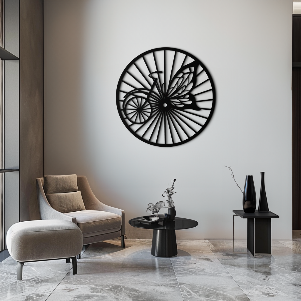 Metal Bicycle Wheel Butterfly Silhouette Wall Art - Round Nature Inspired