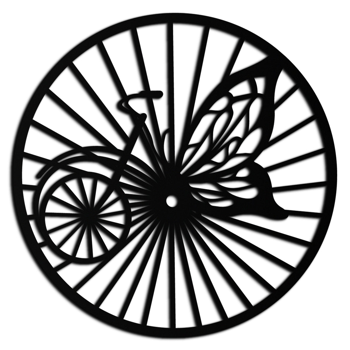 Metal Bicycle Wheel Butterfly Silhouette Wall Art - Round Nature Inspired
